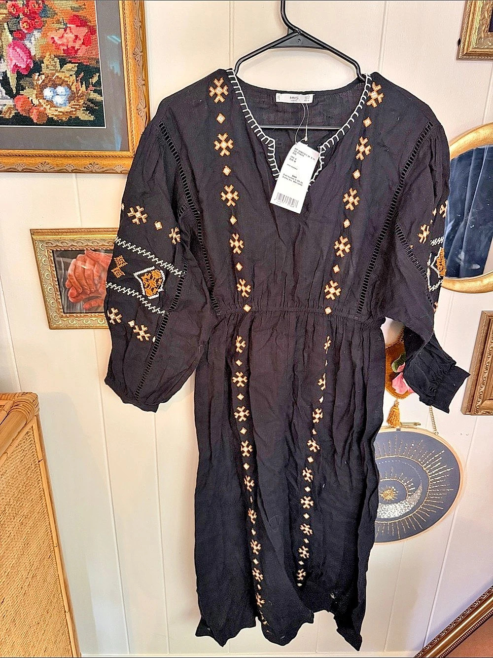 MNG Embroidered Maxi Dress in Black Size Medium NWT